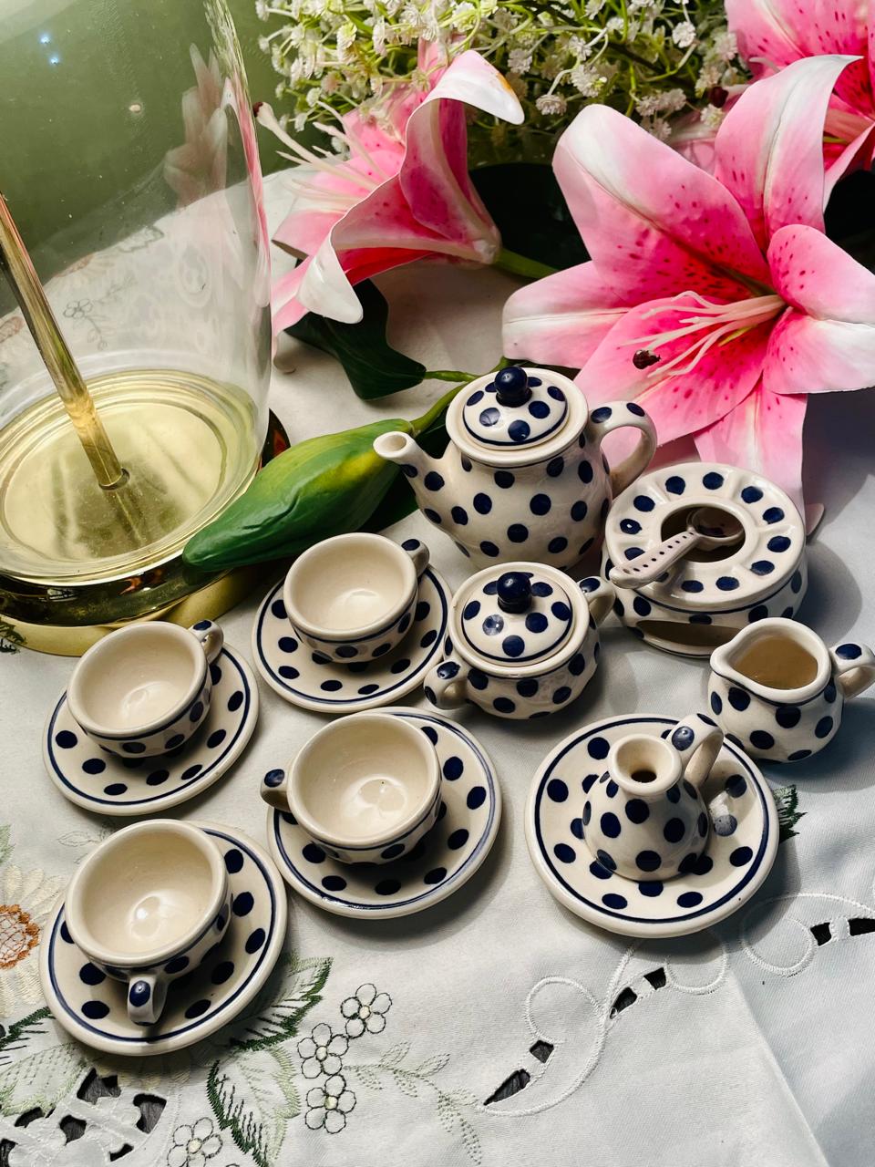 Vintage Blue Polka Dot Miniature Ceramic Tea Set 13 Piece