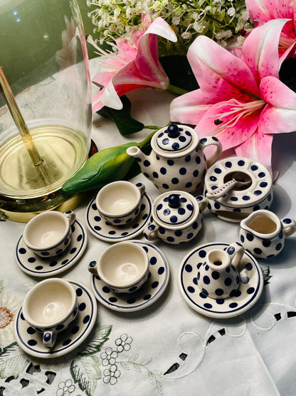 Vintage Blue Polka Dot Miniature Ceramic Tea Set 13 Piece