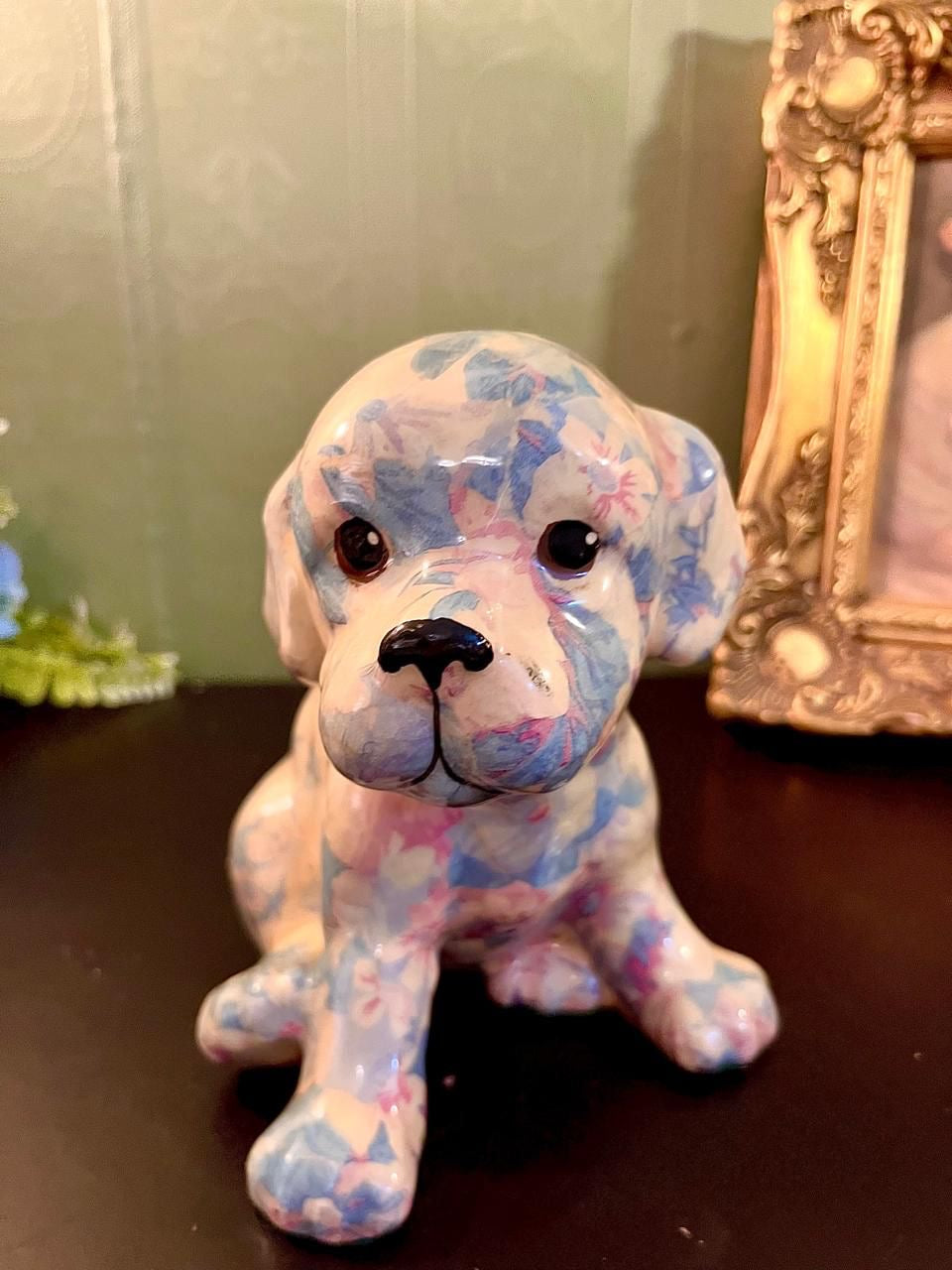 Vintage Floral Ceramic Puppy Figurine 6 Inch