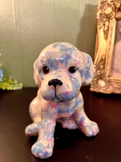 Vintage Floral Ceramic Puppy Figurine 6 Inch
