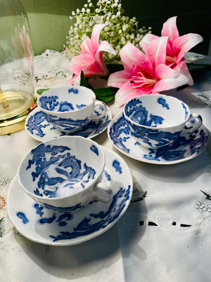 Vintage Coalport Blue Dragon Tea Cups & Saucers Set of 3 England