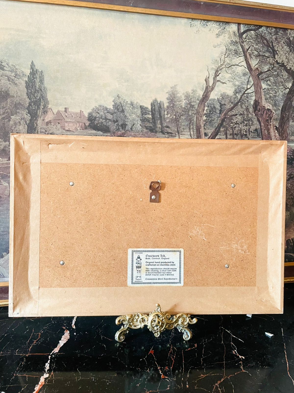 Vintage Horse & Cart Engraved Metal Art – Framed Farm Scene (England)