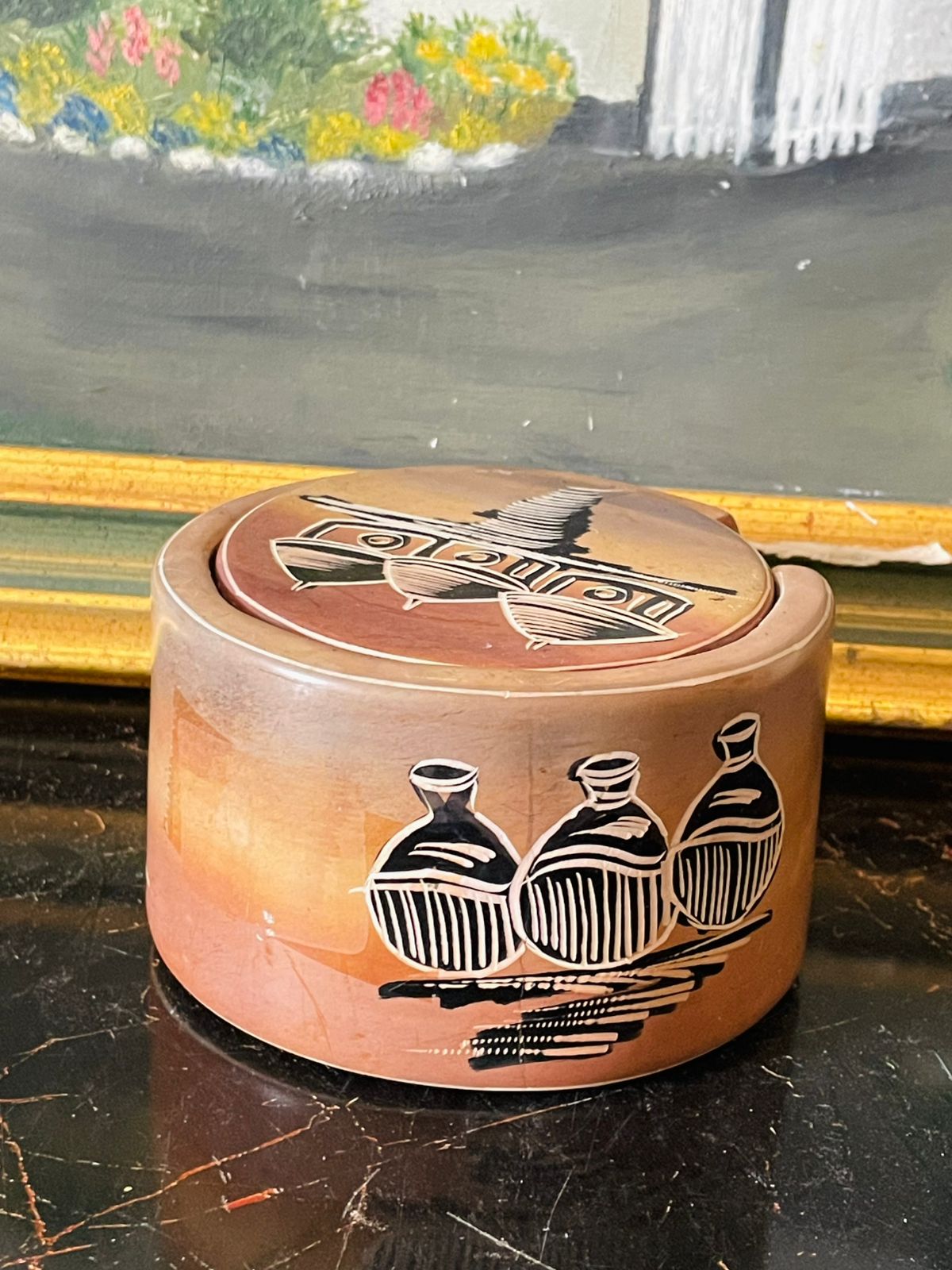 Handcrafted African Ceramic Coaster Set with Holder – Tribal Village Design (Set of 6)