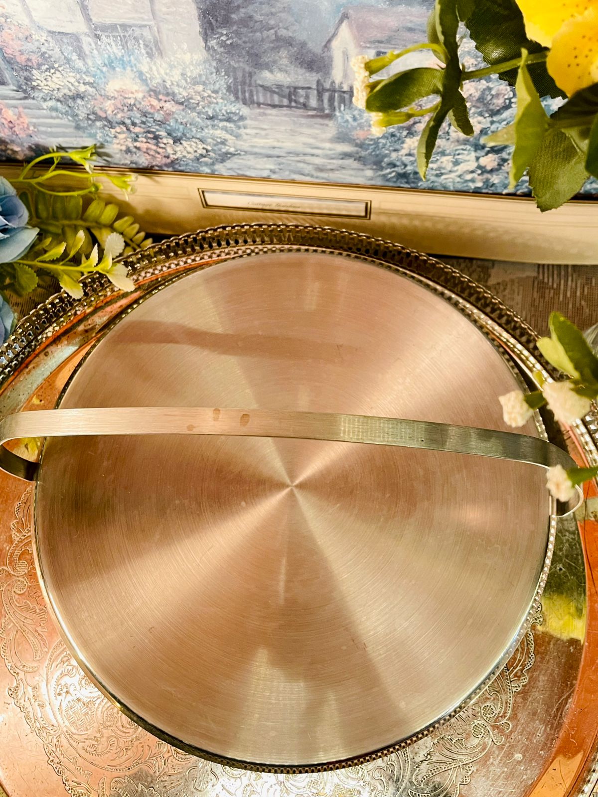 Vintage Silver Tone Serving Tray with Handle