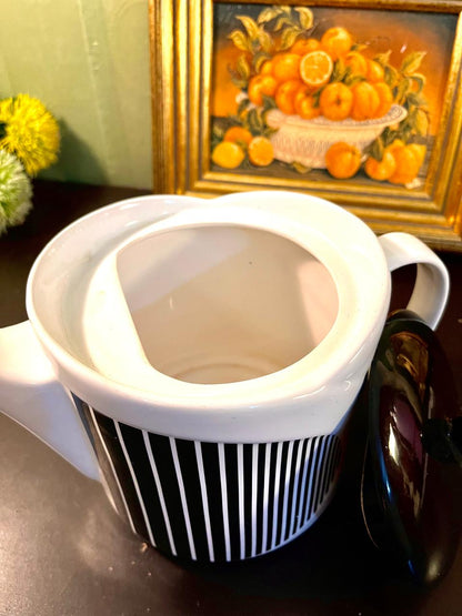 Black & White Striped Ceramic Teapot – 6 Inch