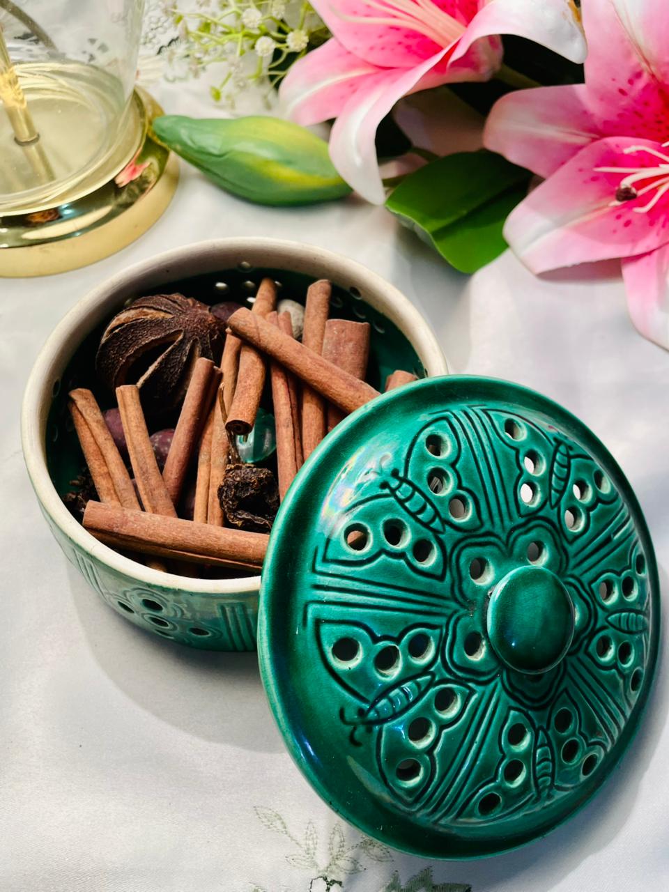 Green Pierced Ceramic Potpourri Bowl with Lid 5 in