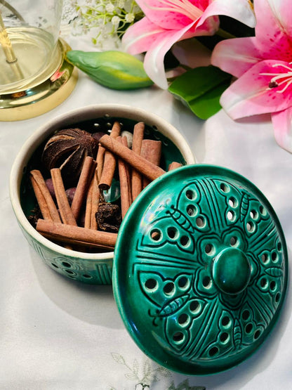 Green Pierced Ceramic Potpourri Bowl with Lid 5 in