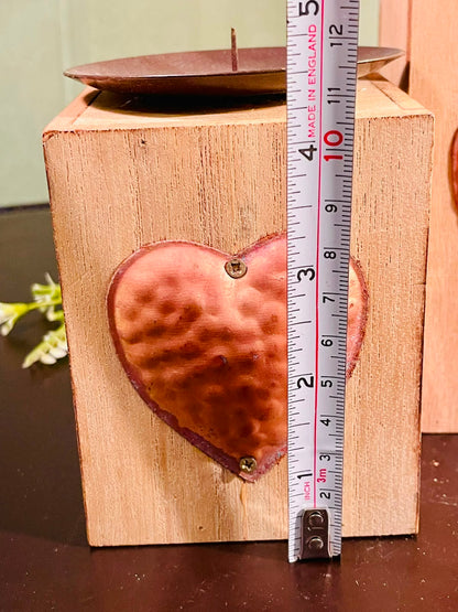 Rustic Wooden Heart Pillar Candle Holder Set – Decorative Wood Candle Stands (2 Pieces, 4 & 5 Inch)