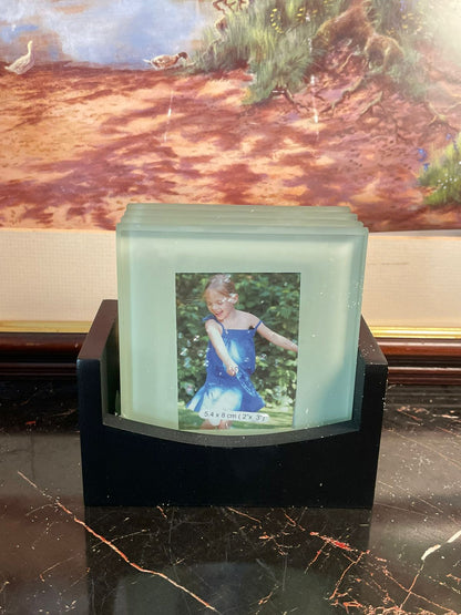 Wishlist Collection Home – Frosted Glass Photo Coasters with Wooden Holder (Set of 4, Insert Photos 2"x3")