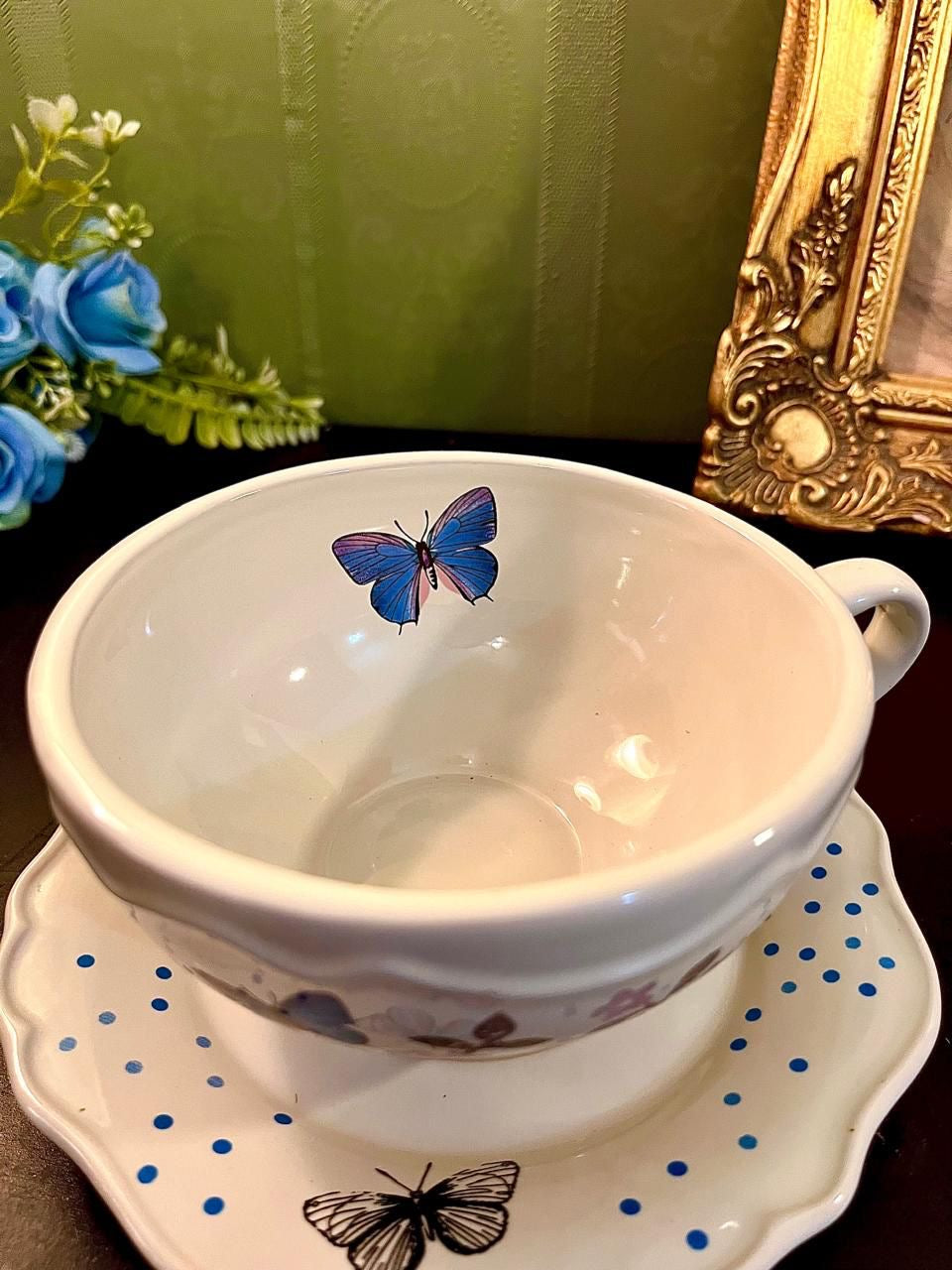 Vintage Butterfly Ceramic Tea Cup Saucer Set 5 Inch