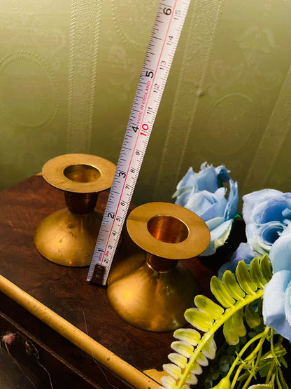Vintage Brass Low Candlestick Holder Pair