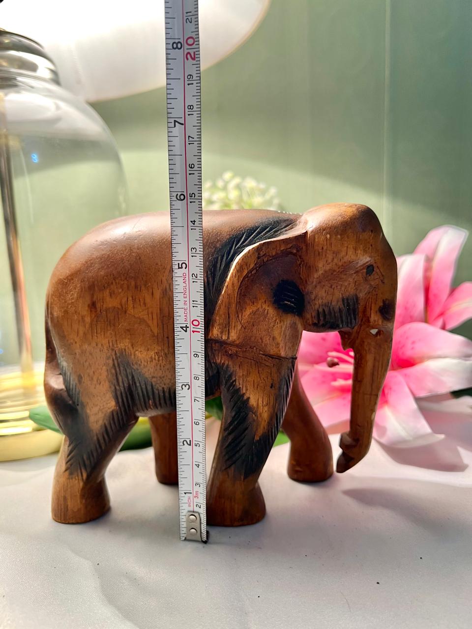 Vintage Hand-Carved Wooden Elephant Figurine – 15 cm