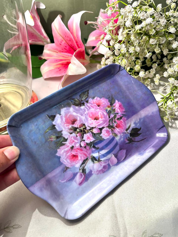 Purple Floral Serving Tray Pink Roses 8 Inch