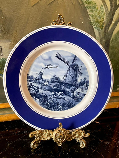 delft blue plate, delft blauw holland, hand decorated holland plate, vintage dutch pottery, windmill decor plate, blue and white china, european vintage crockery, collectible wall plate, sunset kitchen decor, antique home decor pakistan, high end thrift lahore
