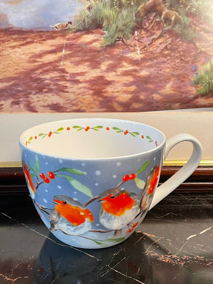 robin bird mugs, winter festive mugs Pakistan, ceramic tea coffee mugs, Christmas robin cups, collectible bird mugs, vintage style crockery, ceramic mugs England, hot chocolate mugs Pakistan, rare thrift finds crockery, seasonal ceramic cups