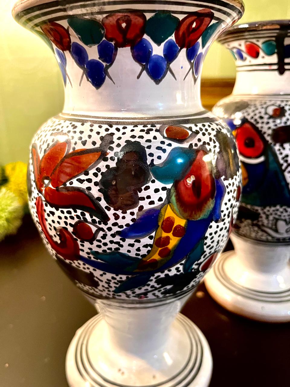 Set of 2 Hand-Painted Ceramic Bird Vases 10 Inch – Artisan Pottery