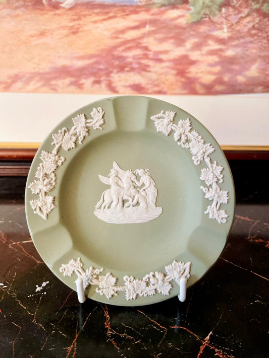 Vintage Wedgwood Jasperware Green Ashtray / Trinket Dish with White Relief – England