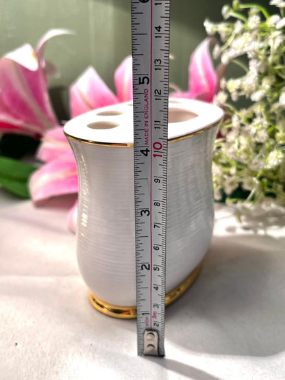 White Ceramic Toothbrush Holder Gold Trim 4.5 Inch