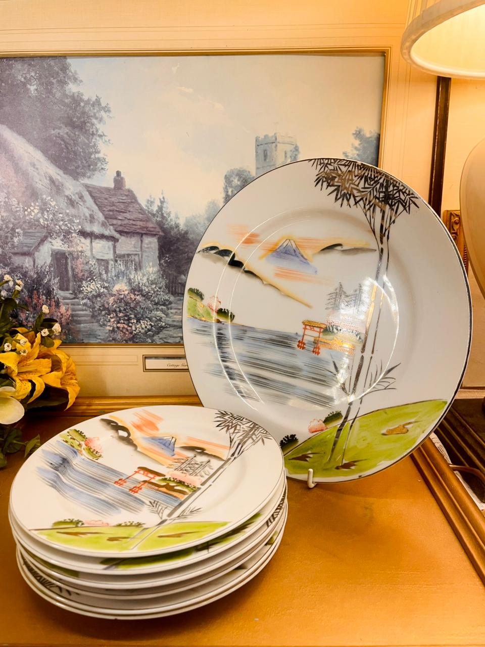 Set of 6 Vintage Japanese Landscape Cake Plate Set Hand Painted