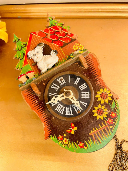 Vintage Wooden Chalet Wall Clock with Dog Cottage Design