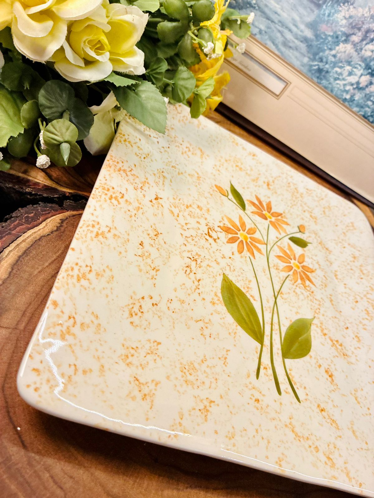 Hand Painted Floral Ceramic Serving Tray Platter