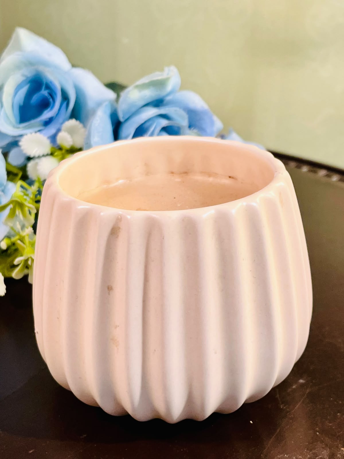 White Ribbed Decorative Pillar Candle 10cm
