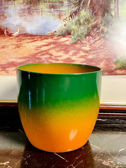Vintage England Two-Tone Ceramic Planter – Green & Amber Glazed Pot