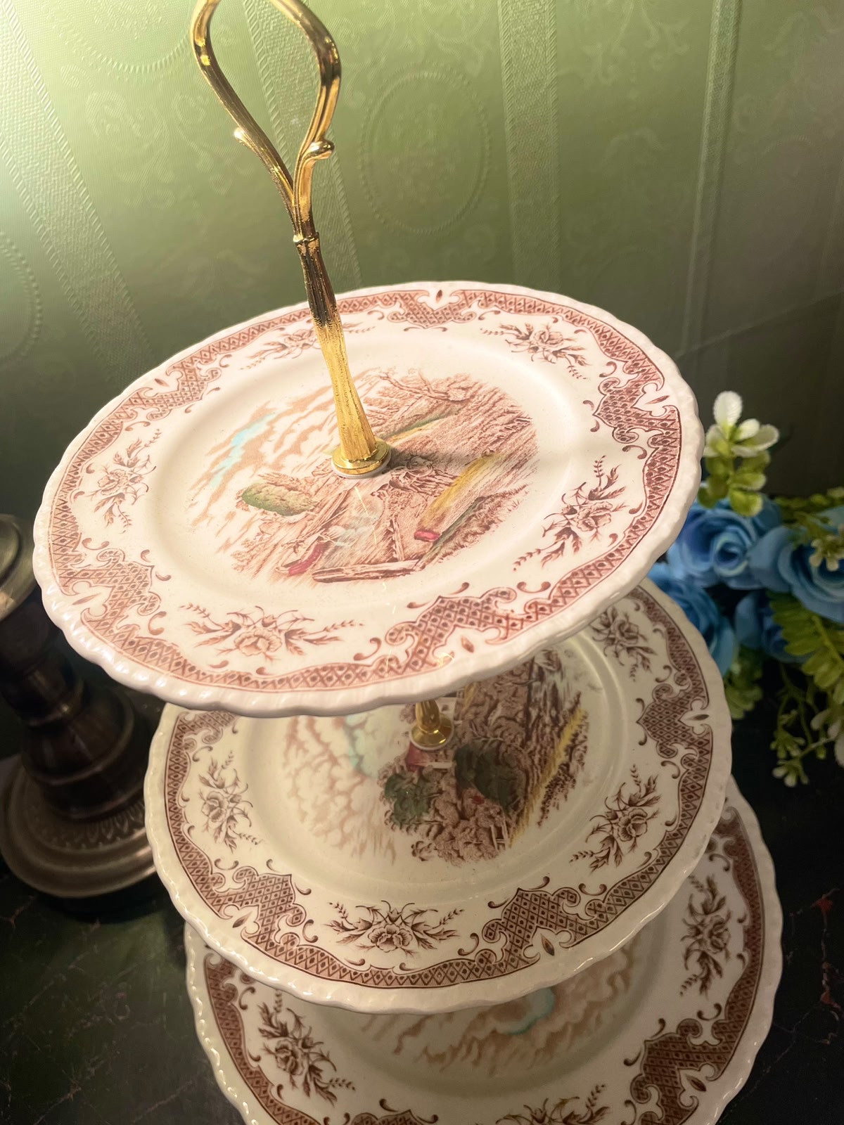 Vintage 3-Tier English Transferware Cake Stand