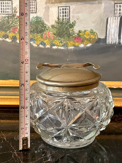 Antique Cut Glass Crystal Jar with Metal Lid – England