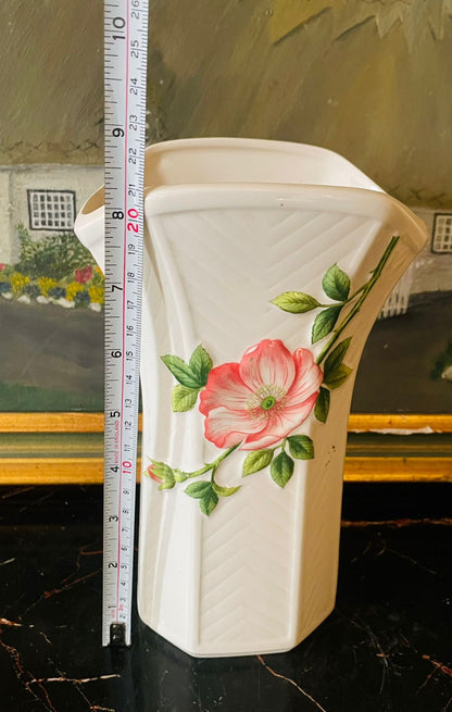 Vintage English Porcelain Hexagonal Vase – Pink Rose Floral, 8 Inch