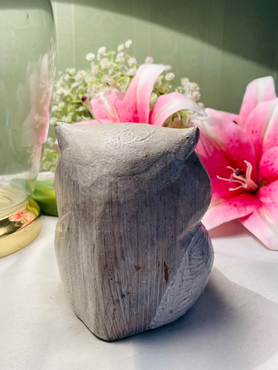 Grey Textured Owl wooden Figurine with Ochre Detail Approx. 12 cm