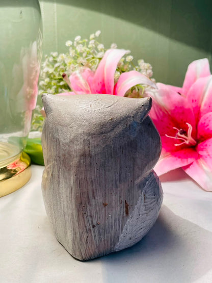 Grey Textured Owl wooden Figurine with Ochre Detail Approx. 12 cm