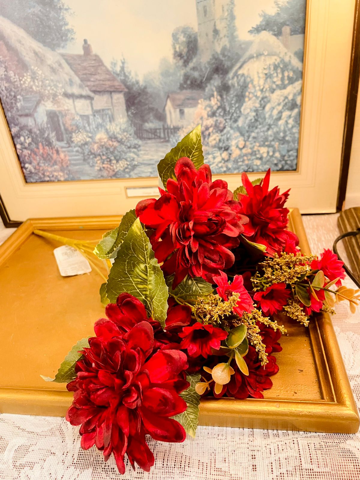 Vintage Burgundy Faux Dahlia Bouquet 19"