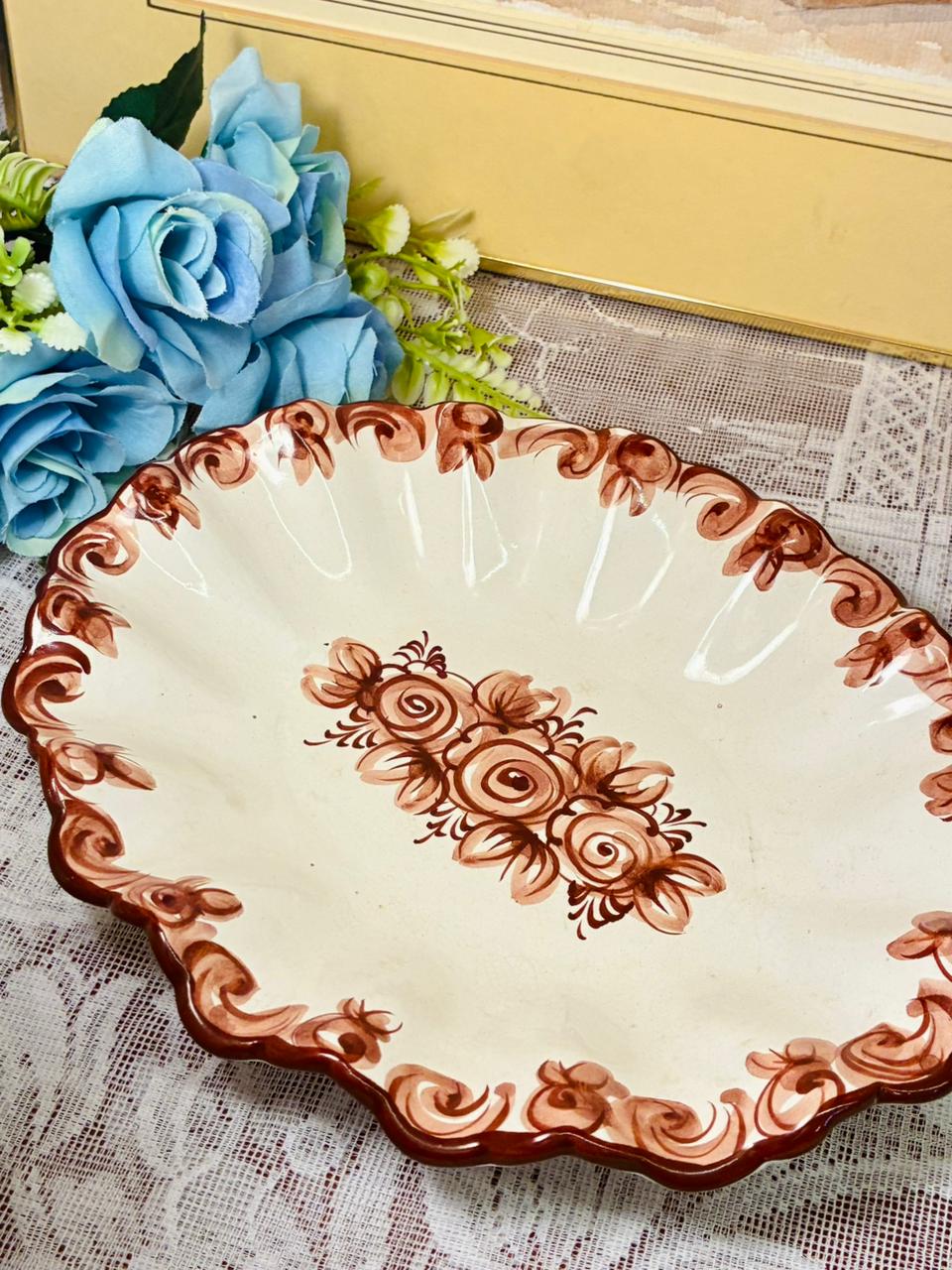 Hand-Painted Portugal Ceramic Oval Platter – Brown Floral Decor