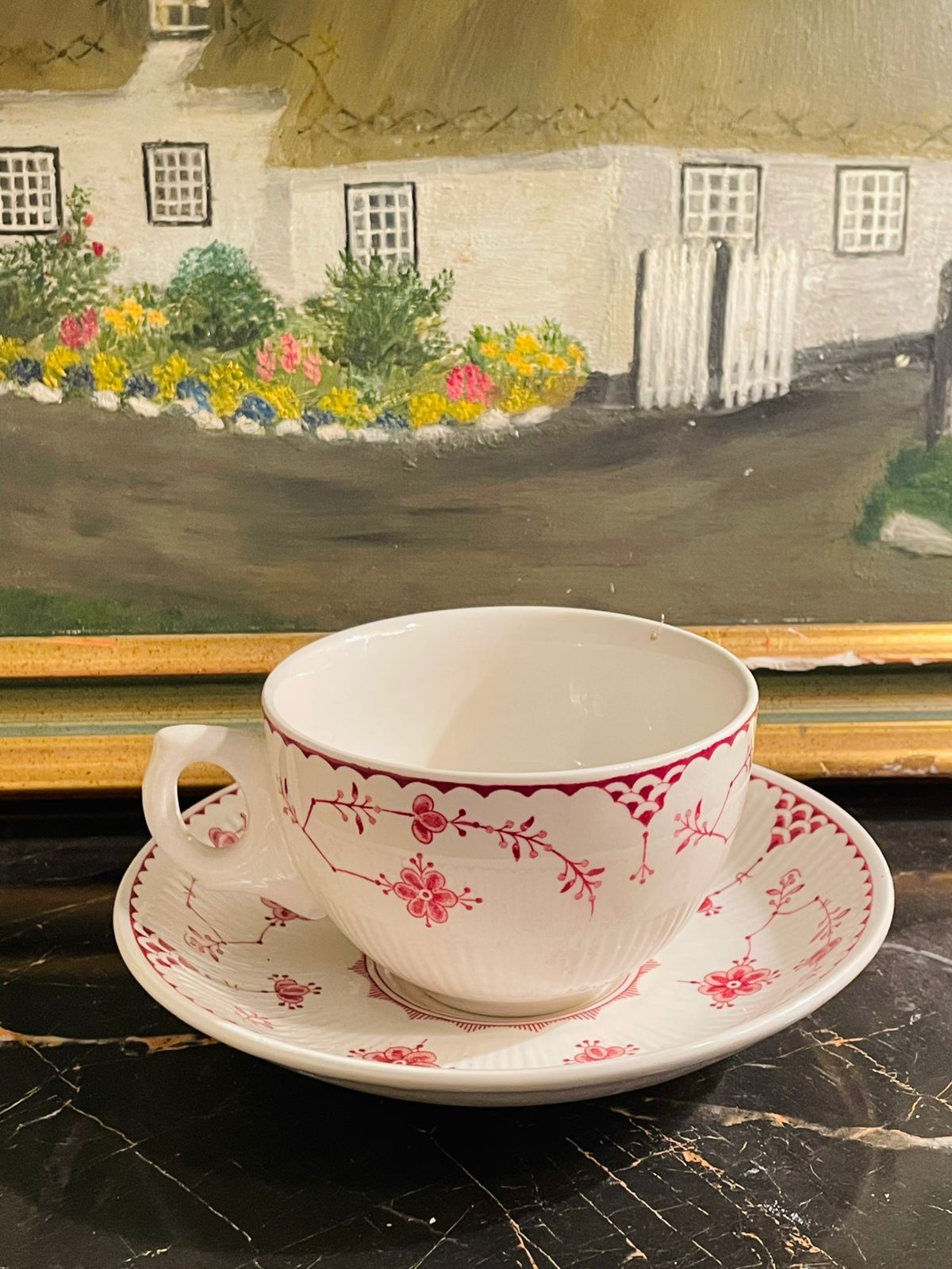 Vintage Ruby Red Grass Patterned Ceramic Tea Cup & Saucer