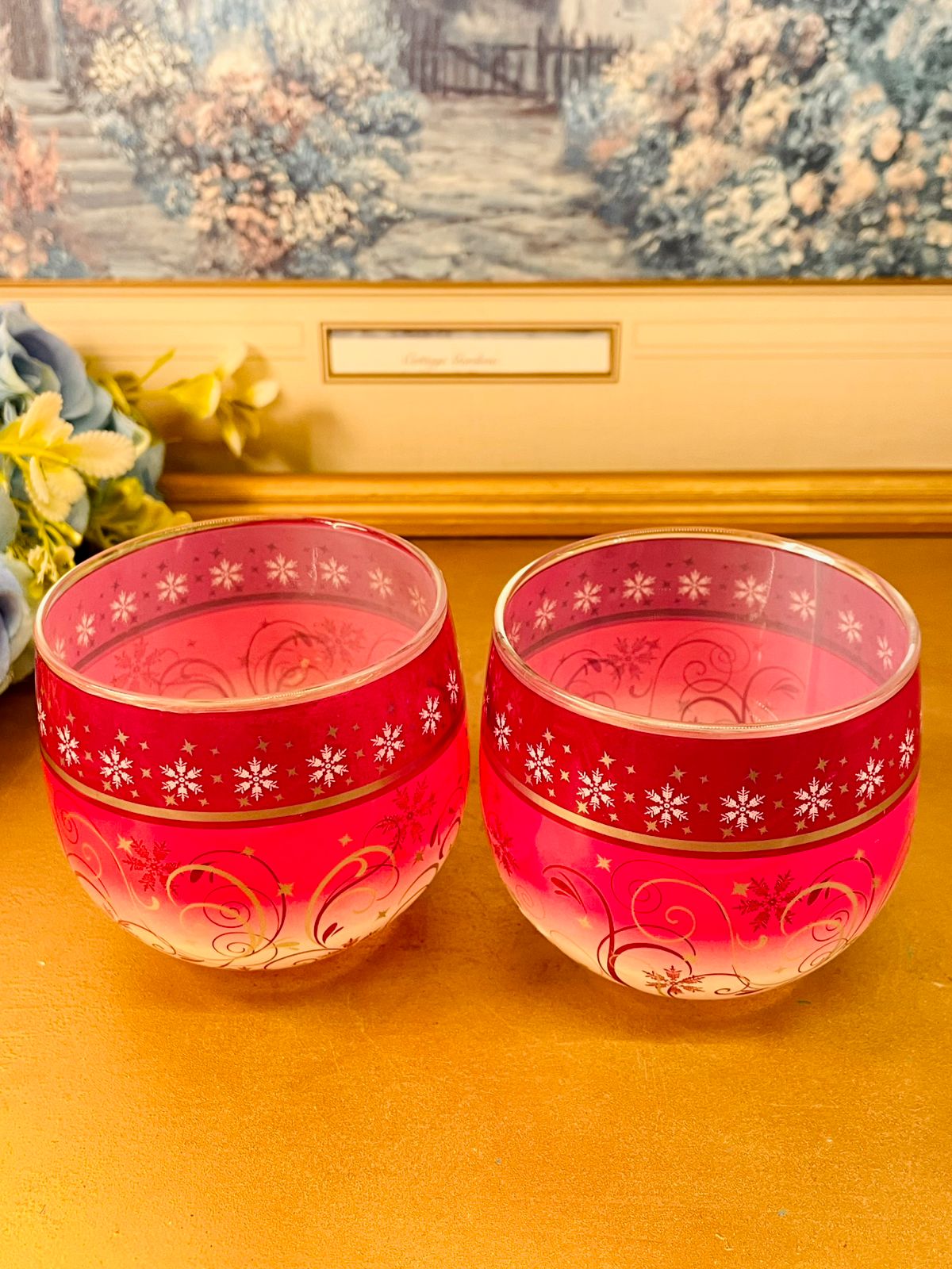 Set of 2 Glade Red Frosted Glass Candle Holders