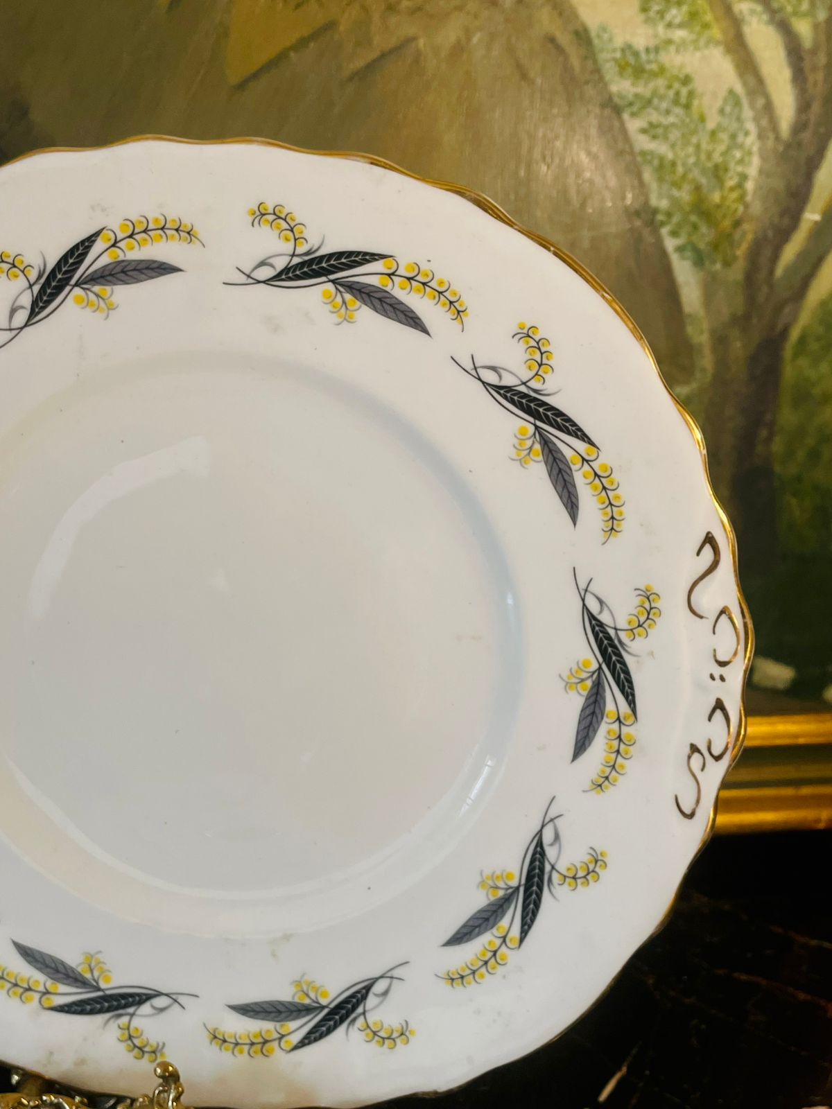 Vintage Royal Vale Bone China cake Plate – Yellow & Black Mimosa Floral Design (England)