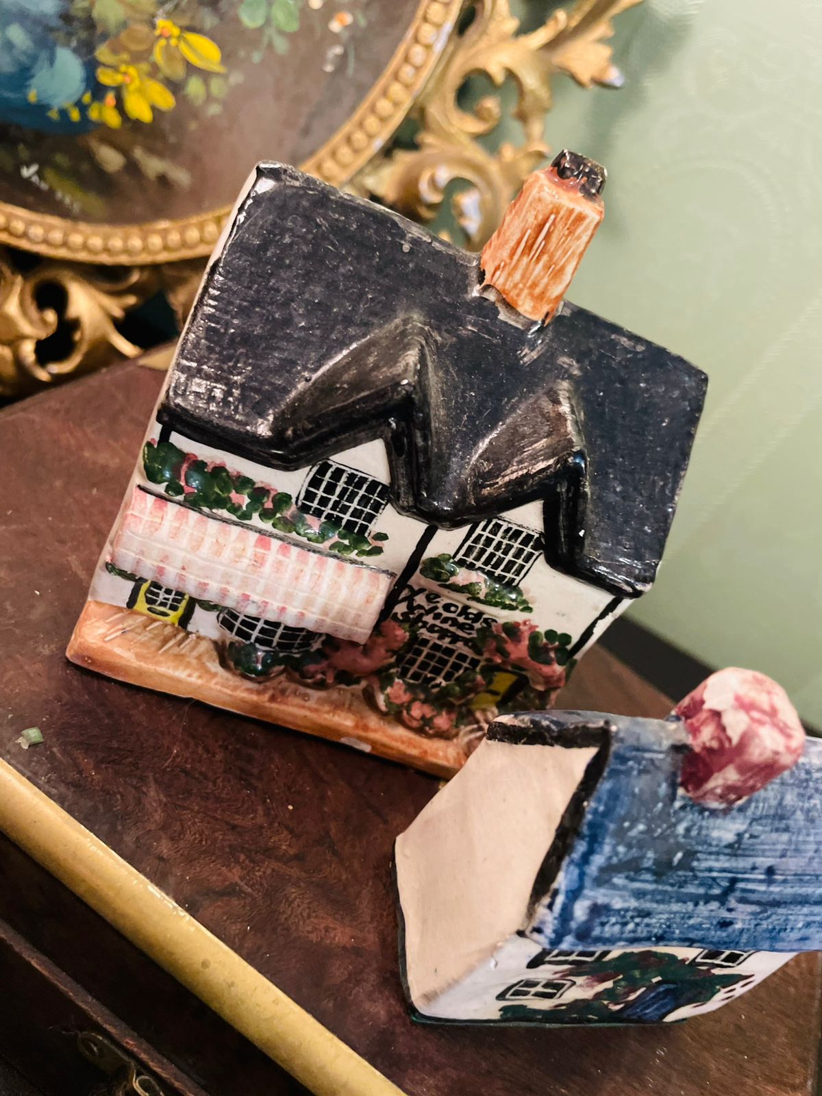 Vintage Miniature Cottage House Figurines Set of 2 Hand Painted Village Collectibles