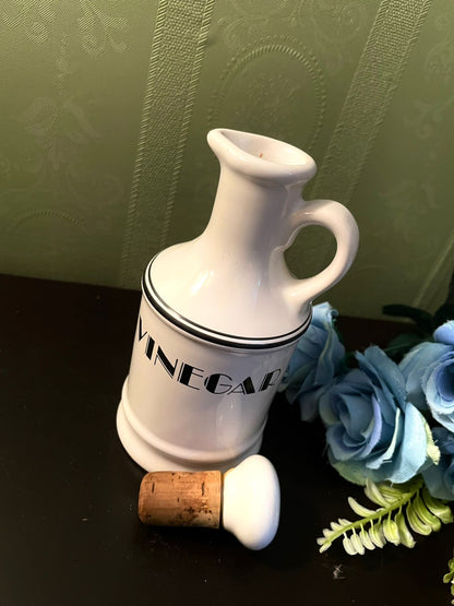 Vintage White Ceramic Vinegar Bottle with Stopper 6 Inch