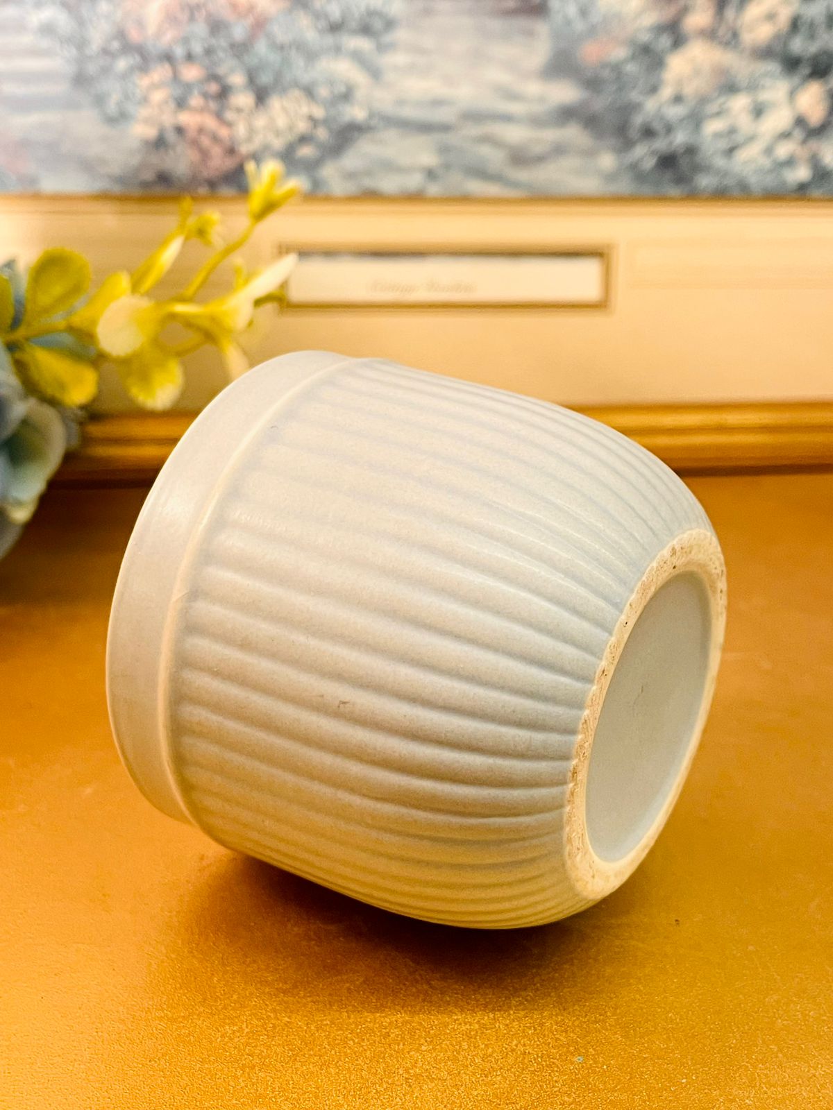 Grey Ribbed Ceramic Planter Minimal Modern Small Pot