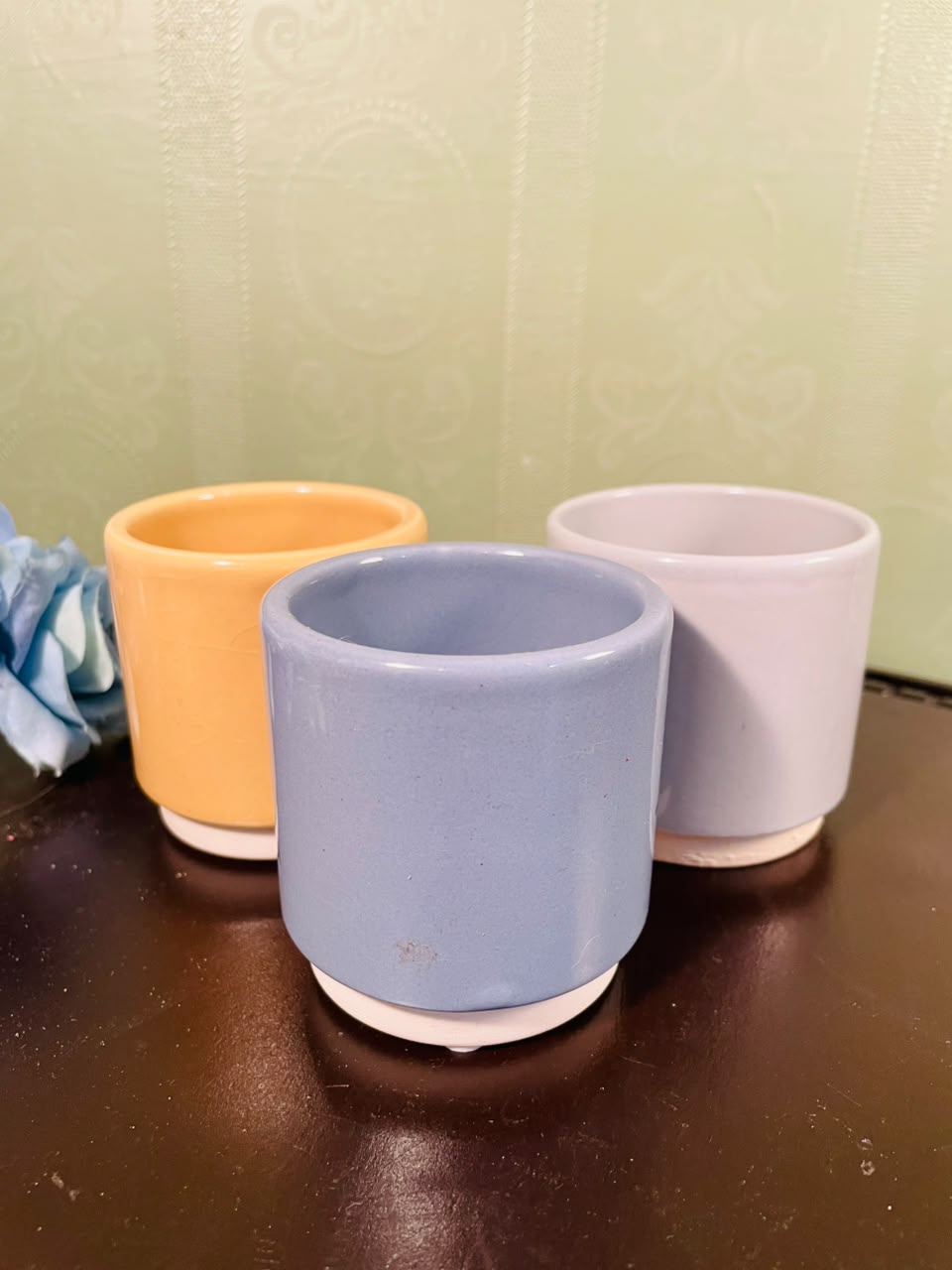 Mini Ceramic Planters – Blue, Yellow & White | 3 Piece Set
