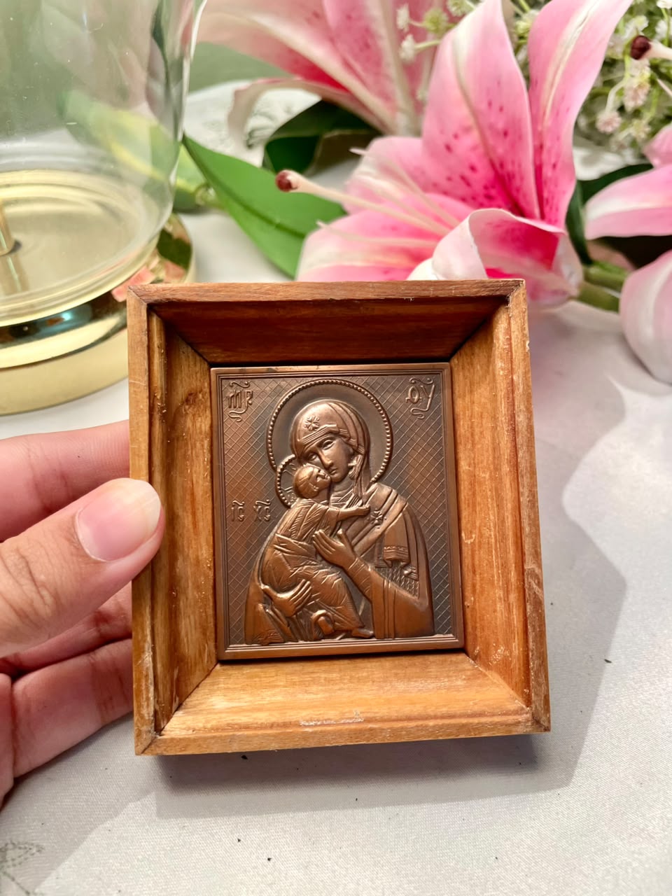 Antique Russian Virgin Mary Icon, Copper Face on Tin, Framed Artwork 4 inches ( Rare Find )