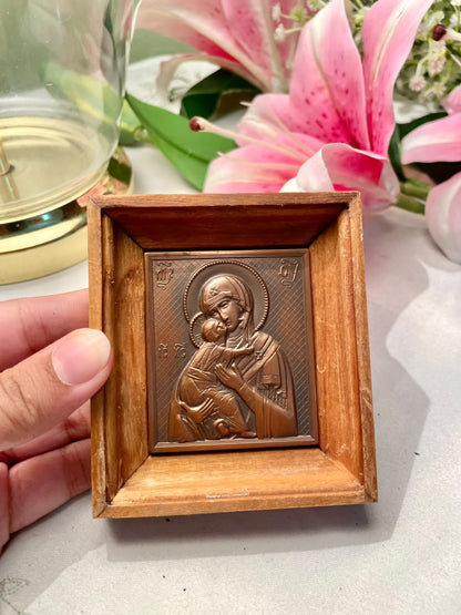 Antique Russian Virgin Mary Icon, Copper Face on Tin, Framed Artwork 4 inches ( Rare Find )