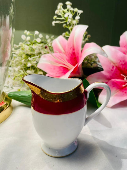 White & Burgundy Gold Trim Creamer Jug 4 in
