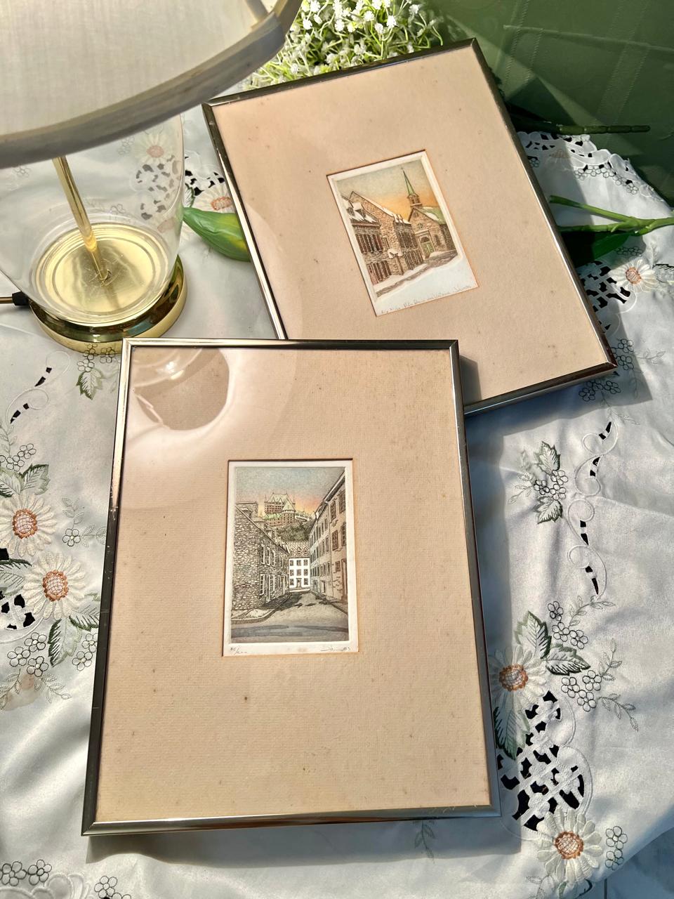 Vintage European Street & Church Framed Artwork painting – 2 Pcs, 13 Inches
