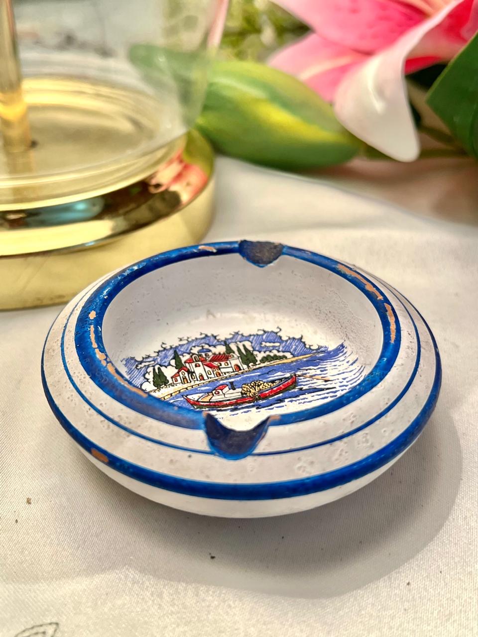 Vintage Blue & White Scenic Ceramic Ashtray 3.5 in