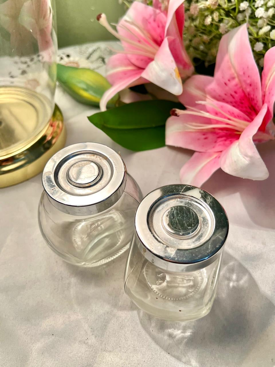 Set of 2 Vintage IKEA Clear Crystal Jars with Silver-Tone Lids