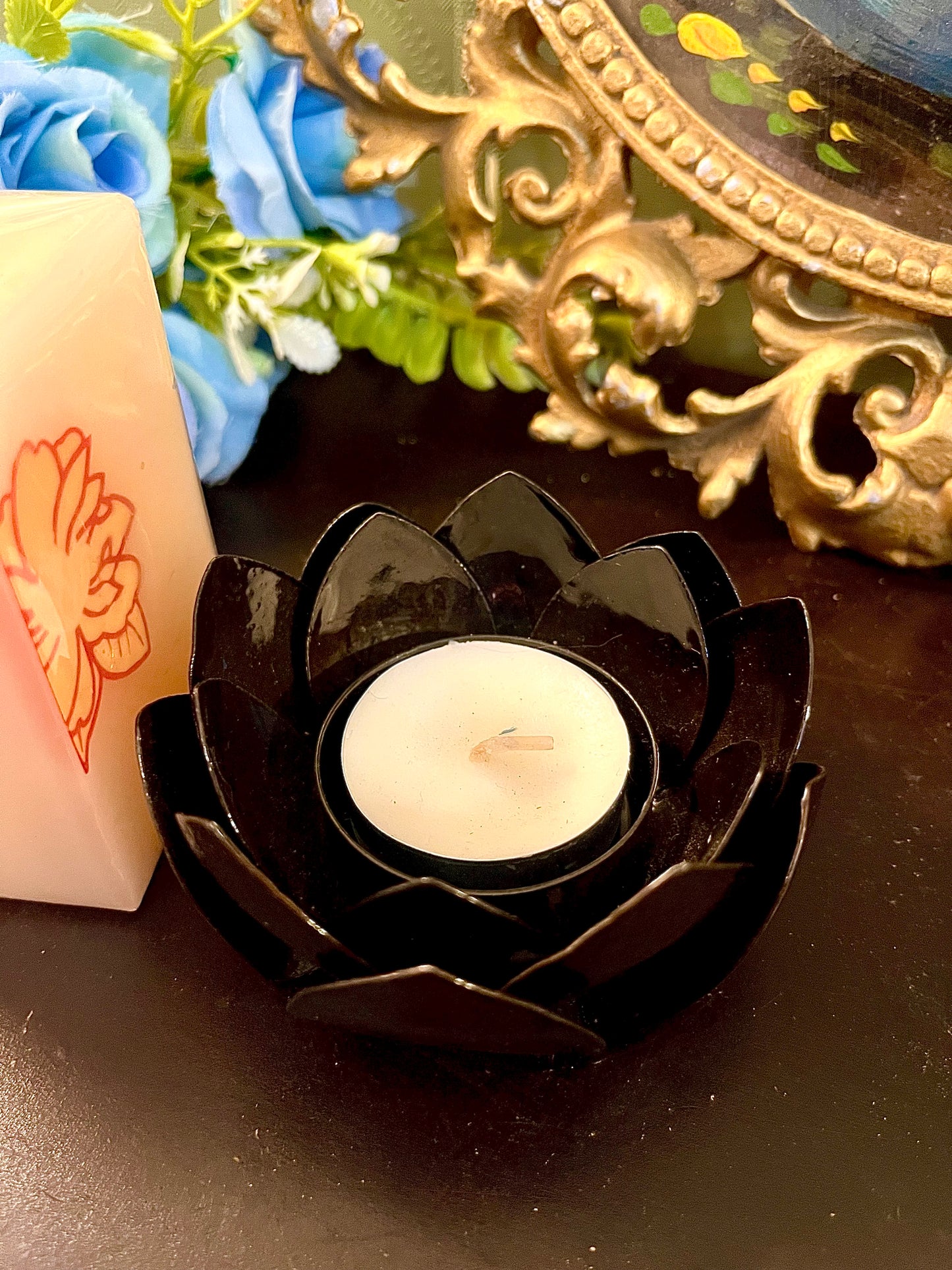 Black Lotus Flower Tealight Candle Holder