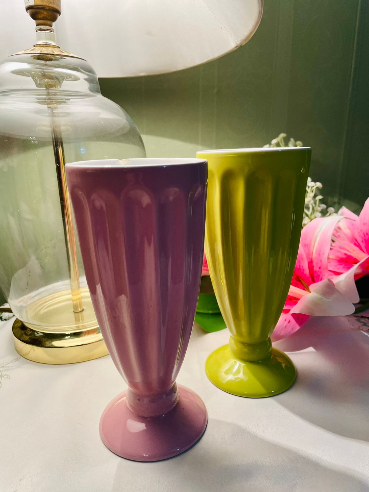 Vintage Pink & Green Ceramic Vases Set of 2 18 cm