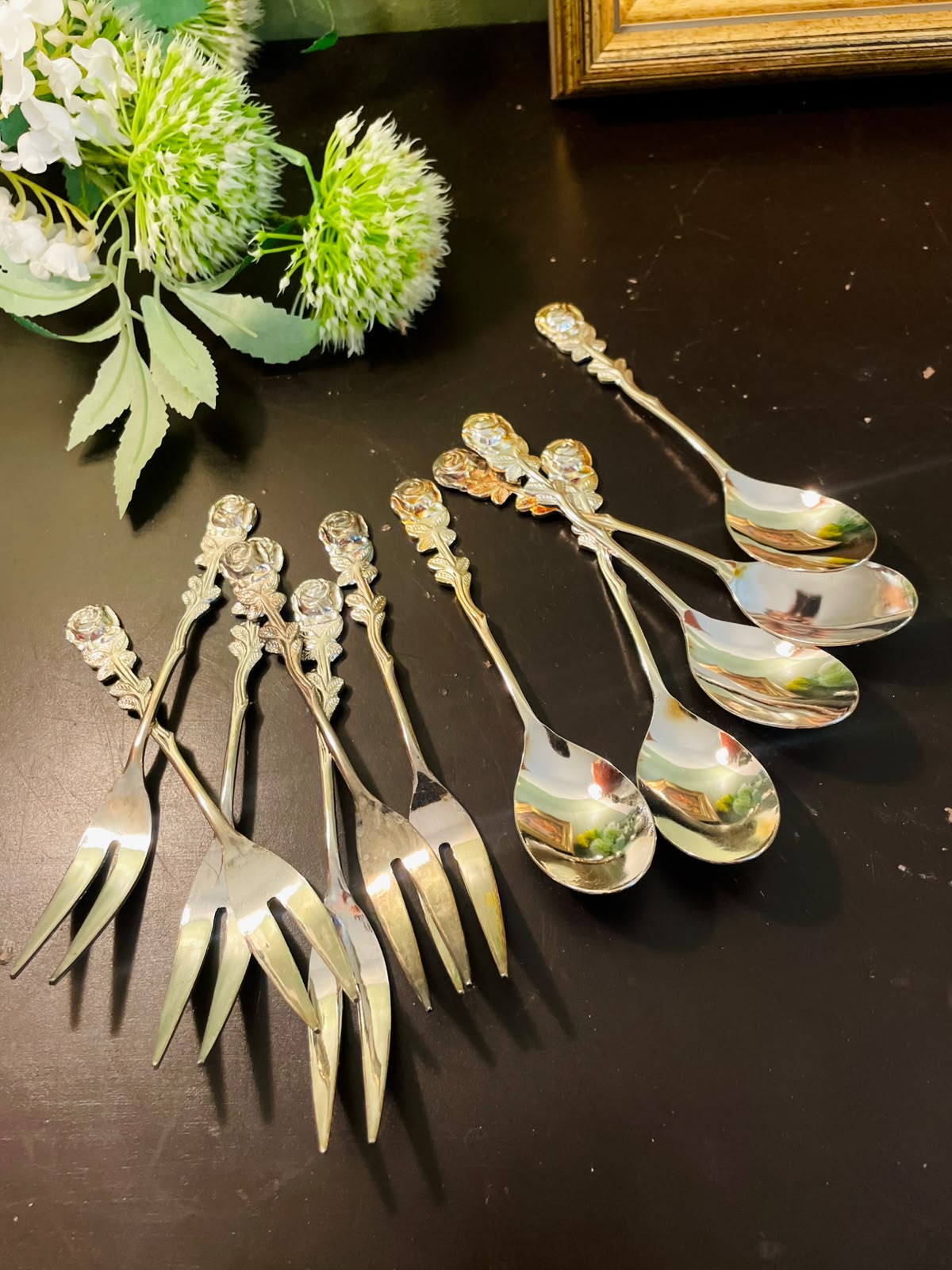 Vintage Rose Handle Appetizer Spoon & Fork Set 5 Inch Silver Plated Flatware